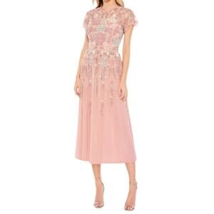 Mac Duggal Pink Embellished Illusion High Neck Butterfly Sleeve Midi Dress Sz 12